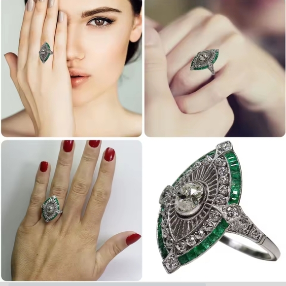 VintageJewelry 925 Stamp Fill White & Green AAA Cubic Zirconia CZ Princess Cut